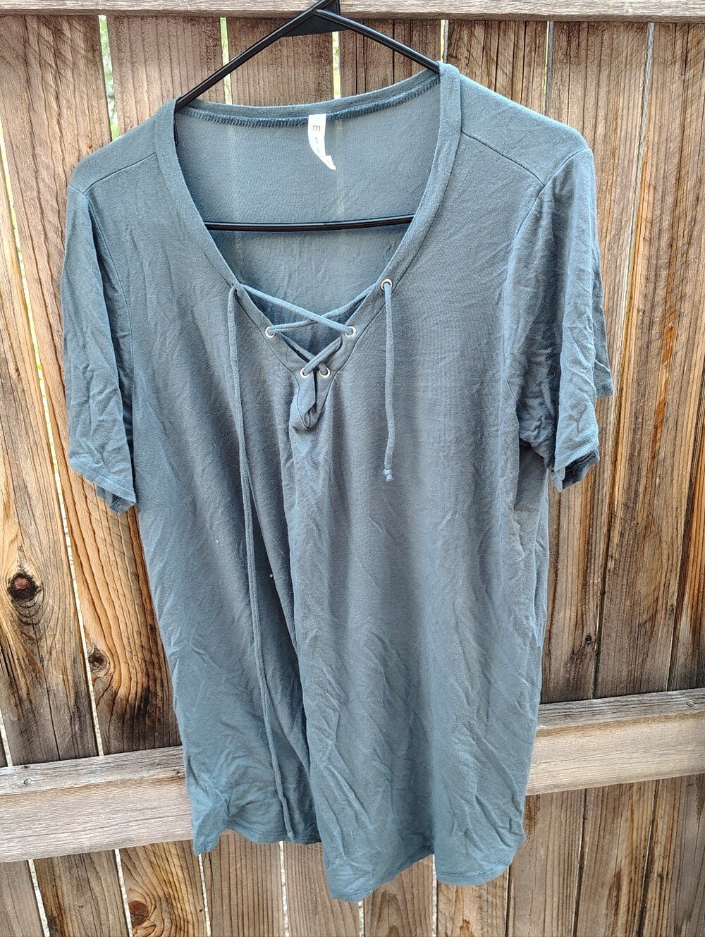 MTS Xl Lace-Up V-Neck Short Sleeve Top in Slate